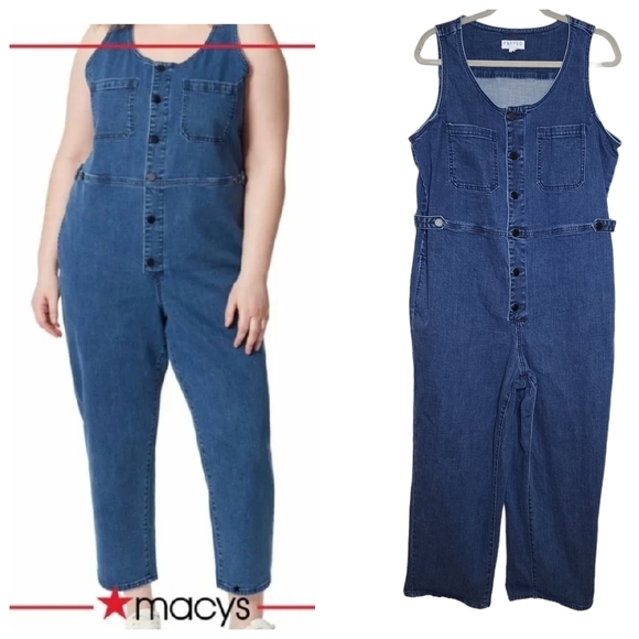 Frayed Women's Baggy Denim Cropped  Jumpsuit. Plus Size 1X. Pockets - Picture 1 of 16